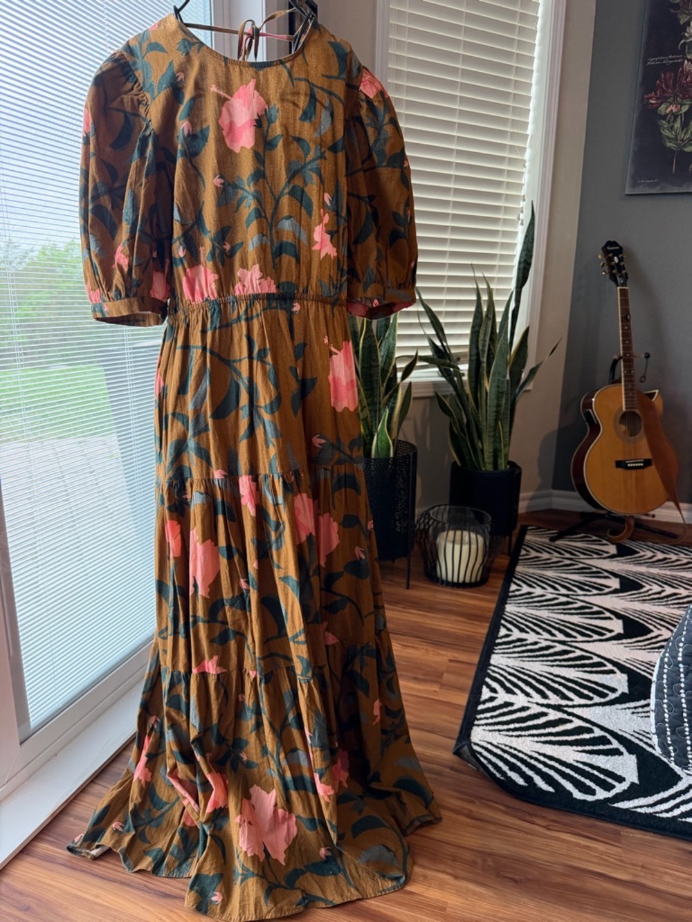 Anthropologie By Conditions Apply Brown Maxi Dress with Pink Floral Print